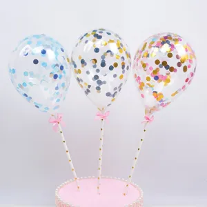 Konfetti Ballon Kuchenaufsatz, transparente Latexballons mit Schleife fuer Geburtstag Deko.