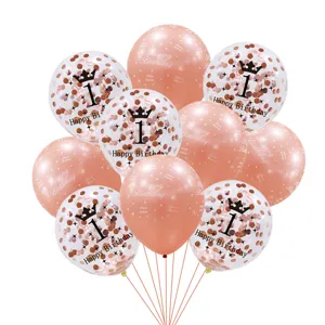 Set de globos para fiesta de 1er cumpleaños en oro rosa con confeti y números corona.