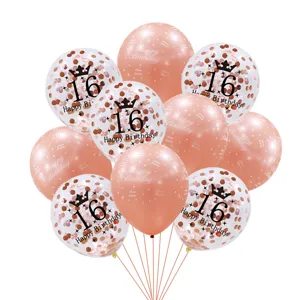 Detalle del set de globos de fiesta de cumpleanos 16 de oro rosa con confeti y latex.