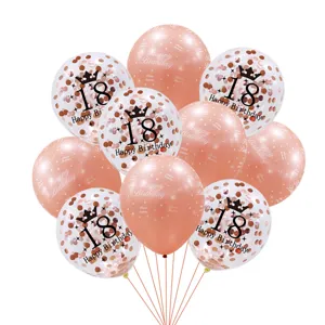 Vista detallada del juego de globos de confeti para 18 cumpleaños en oro rosa con corona.