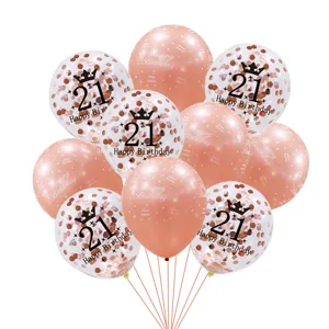Set de globos de fiesta de cumpleaños 21 en oro rosa con bonitos globos de confeti.