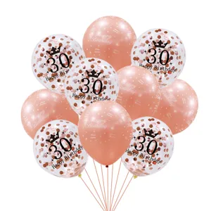 Set de globos para fiesta de 30 cumpleaños en oro rosa con confeti y estampado de corona