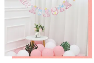 Pink elephant baby shower banner party decoration set paper flags for newborn celebration layout.