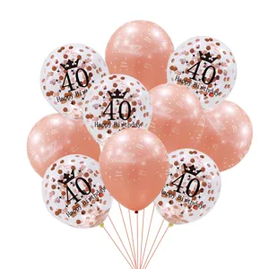 Set de globos de cumpleaños 40 en oro rosa, vista detallada de globos de látex impresos.