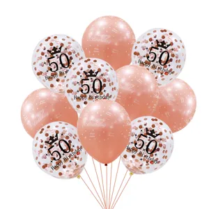 Set de globos de fiesta de 50 cumpleaños en oro rosa con confeti e impresión de número.