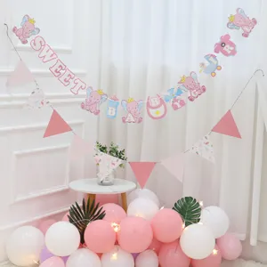 Pink Elephant Gender Reveal Banner Paper Garland Sweet Baby Girl Birthday Party Decoration Flamingo Triangle Bunting Venue Layout