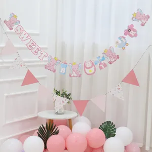 Pink elephant baby shower banner, sweet baby girl paper garland set for party decorations.