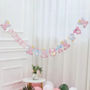 Pink elephant baby shower banner hanging decoration cute girl party paper pennant backdrop