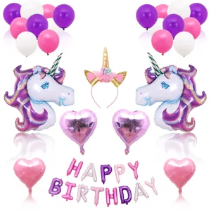 Eenhoorn verjaardag feestdecoratie set met folieballonnen, latex ballonnen en haarband.