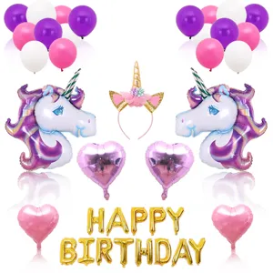 Eenhoorn verjaardag feest ballon set met folie ballonnen hartjes en leuke haarband decoratie.