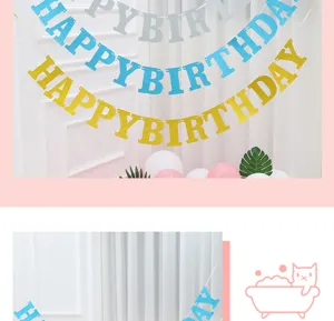 Glitter paper birthday banner detail showing sparkling texture and vibrant letter colors.