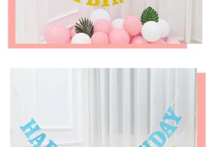 Glitter birthday banner detail shot with colorful balloons and party decor scene setup.