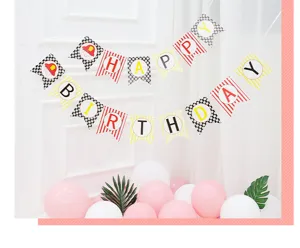 Children birthday party banner detail, thick paper swallowtail flags with happy birthday!