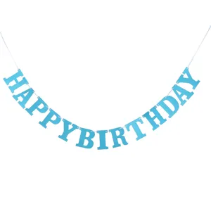 Blue glitter Happy Birthday letter banner, decorative paper hanging bunting for party.