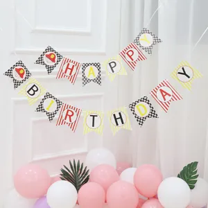 Kids birthday party banner decoration, cute cartoon paper fishtail bunting flags setup.