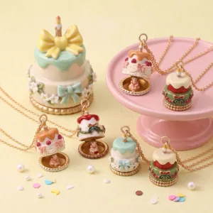Vue rapprochée détaillée de colliers médaillons gâteau miniature avec bougies et nœuds.