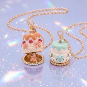 Vue détaillée du charmant collier pendentif gâteau avec baies et nœud, style ouvert.