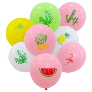 Set di palloncini in latex per festa hawaiana tropicale con stampe di ananas e fenicottero.