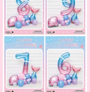Mermaid number balloon set with pastel gradient finish for kids birthday party decoration.