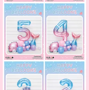 Mermaid number balloon set for kids birthday party decoration and celebration setup.