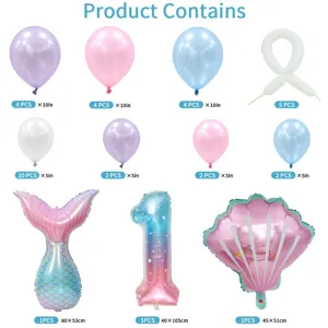 Mermaid birthday party balloon set with number one and shell foil balloons for kids.