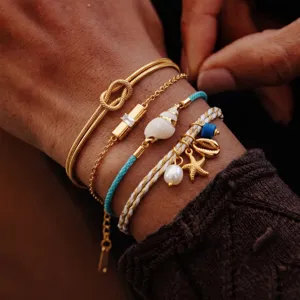 Braccialetto Charm da Spiaggia in Acciaio Inossidabile Tessuto Strass per Donna Tonalità Oro Conchiglia Stella Marina Corda Intrecciata Gioielli Eleganti