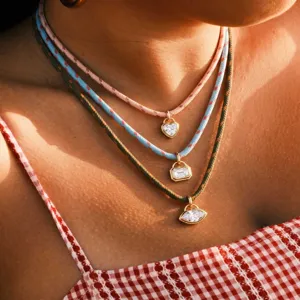 Stainless Steel Geometric Rhinestone Necklace For Women Colorful Woven Cord Chain 18K Gold Plated Minimalist Jewelry Accessories