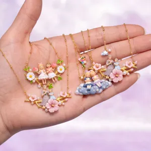 Fairy tale 3D figurine necklace with flowers and branches, sweet friendship jewelry gift.