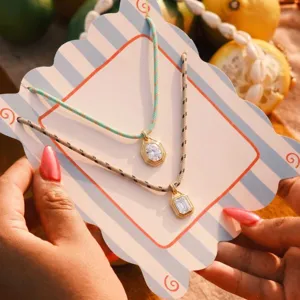 Chic geometric zircon pendant cord necklace with durable 18k gold plating for women summer style