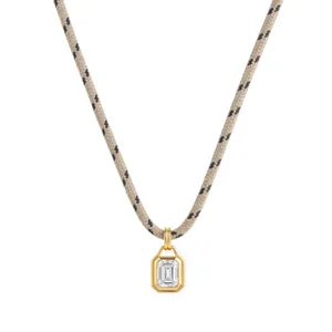 Stainless steel geometric zircon pendant necklace with trendy beige braided rope chain.
