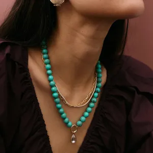 Meerlaagse turkoois kraal ketting met druppelhanger en diamanten ketting dames sieraden