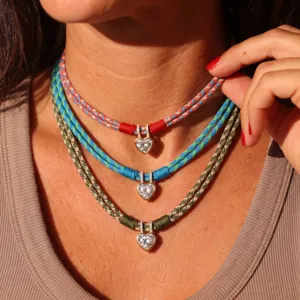 Retro Layered Fabric Cord Woven Choker Copper Rhinestone Heart Pendant Necklace Minimalist Geometric Layered Statement Necklaces Jewelry For Women Men