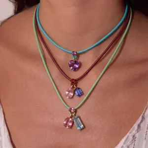 Stainless Steel Rhinestone Heart Geometric Pendant Necklace Colorful Leather Rope Layered Choker For Women Fashion Jewelry