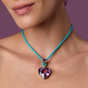 Elegant heart gemstone choker necklace with blue leather cord and purple crystal pendant.