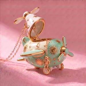 Detailed view of the cute airplane jewelry box necklace with sun, moon, and star celestial motifs.