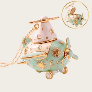 Cute enamel airplane locket necklace with sun moon and star charms gold tone aviation pendant