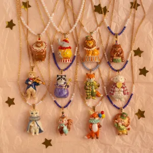 Collier Pendentif Animal De Cirque De Dessin Animé Mignon Vintage Pour Les Femmes Chaîne Perlée De Perles Artificielles En Cuivre Pendentif Lion Éléphant Ours Écureuil Bijoux