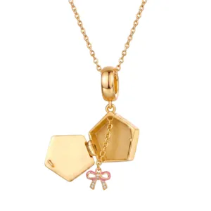 Goldenes Fünfeck Medaillon Halskette mit rosa emaillierter Schleife Anhänger Schmuck.