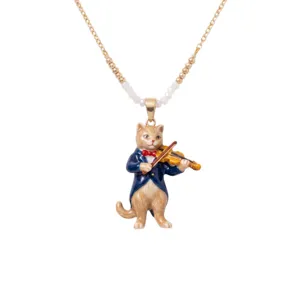 Schattige tekenfilm kat hanger ketting met gouden kralen en emaille viool muzikant design.