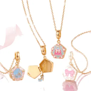 Barbie Stil Emaillierte Öffnungsbare Medaillon Halskette Fünfeck Box Schleife Schmuck Damen