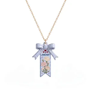Collier Fleur de Naissance en Acier Inoxydable pour Femme Élégant Collier Pendentif Nœud Papillon Cadeau Bijoux d'Anniversaire