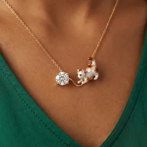 Collier pendentif chat tricolore en acier inoxydable plaqué or zircone scintillant