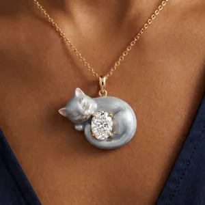 Collier chat endormi élégant avec zircon ovale et chaîne en acier inoxydable doré or