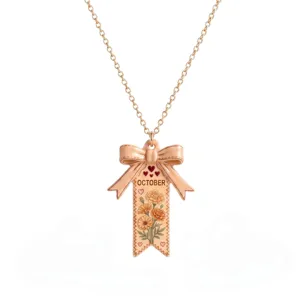 Collier nœud ruban fleur de naissance d'octobre en acier inoxydable or rose, bijou floral.