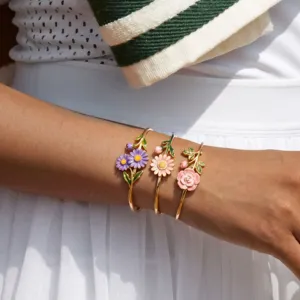 Stainless steel floral open cuff bracelet set, 18k gold plated enamel flower wrist jewelry.