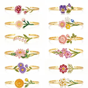Set of twelve floral open cuff bracelets featuring colorful enamel flower designs in gold finish.