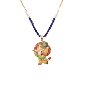 Joli collier pendentif lion de dessin anime avec perles bleues pour style quotidien