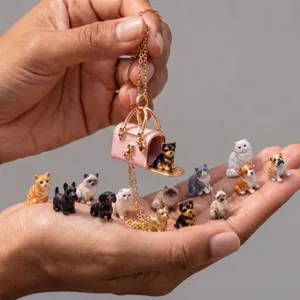 Vintage Koperen Miniatuur Openslaande Handtas Hanger Ketting Met Keramische Kat Hond Dier Accessoire Emaille Speelse Sieraden Voor Vrouwen Kinderen Cadeau