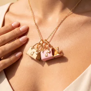 Mini openbare huisdier handtas hanger ketting met schattige kat, vergulde gouden kleur.