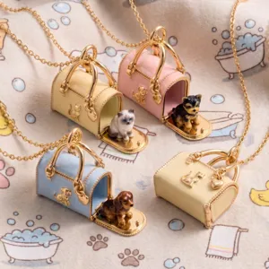 Mini huisdier handtas ketting met schattige kat en hond bedels, prachtig gegalvaniseerd sieraad.
